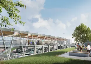 An artist’s impression of Airport Business Park Station as viewed from the southern side of the station, looking north.