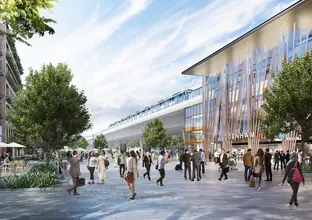 An artist impression of people walking around in front of the new Luddenham Station being delivered as part of the Sydney Metro – Western Sydney Airport project.