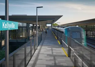 An artist's impression of the station platform with passengers waiting along the platform behind the safety screen doors as a train pulls away at Sydney Metro's Kellyville Station.