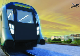 Artist's impression of a metro train travelling on the new Western Sydney Airport line at sunset while a plane flies overhead.