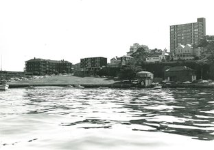 A view from the water of Blues Point Tower on Blues Point, c.1963.