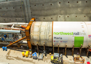 An aerial view looking down at Tunnel Boring Machine (TBM) Maria beginning the tunnelling project at Sydney Metro's Cherrybrook Station as part of the North West railink. 