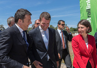 A close up shot of the Italian Prime Minister with former NSW Premier Gladys Berejiklian at the Northwest Rail Link event. 