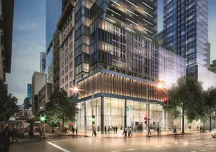 An artist’s impression of Pitt Street Station north building, as viewed from the corner of Castlereagh Street at dusk.