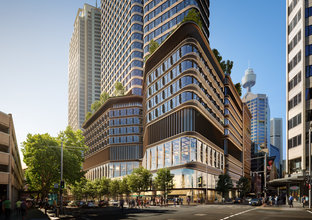 An artist’s impression of a podium-level shot of the Pitt Street Station north building, as viewed from the corner of Castlereagh Street. 