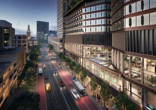 An artist's impression of the outdoor terrace on the over station development, above Pitt Street Station (North), as viewed from the corner of Park and Castlereagh streets.