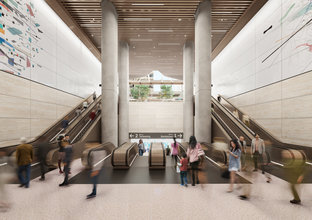 Artist's impression of commuters walking down the Pitt Street North Station Escalators. There are four escalators going down to the platforms in the middle and two escalators on either side that are going up to street level.