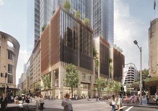 Artist's impression of an on-the-ground look at the new Pitt Street metro station north tower in the Sydney CBD.