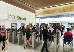 Artist's impression of passengers commuting in and out of the gates in the south entrance of Sydney Metro's Pitt Street Station.