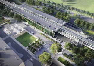 Artist's impression of a bird's eye view of Sydney Metro's Rouse Hill Station. 