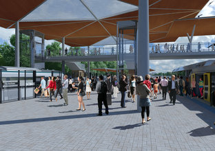Artist's impression of commuters walking and waiting along the platform at Sydney Metro's Sydenham Station.