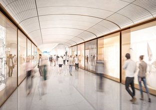An Artist's impression of commuters walking along the pedestrian link of Sydney Metro's Martin Place Station. 