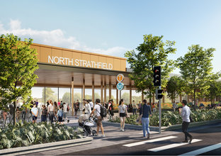 Artist's impression of commuters outside of Sydney Metro's North Strathfield Station. 