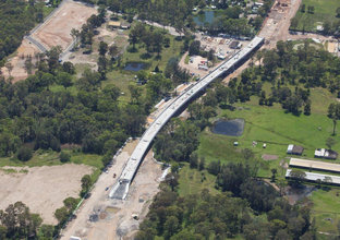 A bird's eye view of the Skytrain construction at Sydney Metro's Second Ponds Creek site.