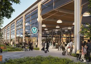 An artist’s impression of commuters and travellers walking into the new Airport Terminal Station as viewed from northern side of the station.