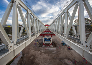 A view down the rafters of the skytrain construction at Cudgegong Road as viewed from what a metro train would see.