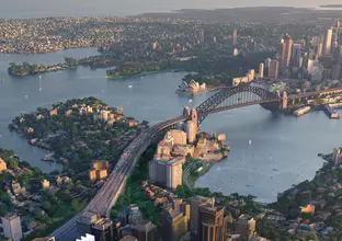 A bird's eye view overlooking Sydney Harbour showing the icons Lunar Park, Sydney Harbour Bridge, Sydney Opera House, Sydney CBD skyline with Centrepoint Tower and surrounding suburbs.