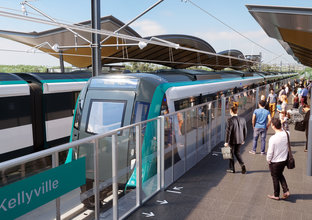 Artist's impression of commuters waiting along the platform behind the screen doors as a train pulls in at Sydney Metro's Kellyville Station.