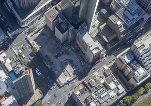 A bird's eye view overlooking the construction site as demolition begins at Sydney Metro's Pitt Street Station in March 2018. 