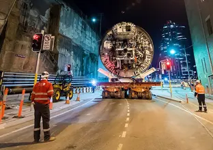 Tunnel Boring Machine (TBM) Kathleen being moved on along the Hickson Road at Barangaroo. 