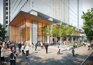 An artist's impression of the Victoria Cross Integrated Station Development showing the south station main entrance from the corner Berry and Miller streets, North Sydney.