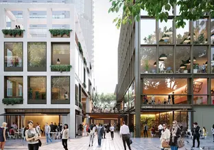 An artist's impression of the Victoria Cross Integrated Station Development -  laneway entry (from Denison Street) and retail building looking towards Miller Street, North Sydney.