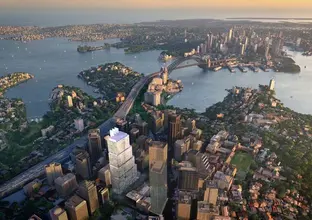 An artist's impression showing a bird's eye view of Sydney Metro's Victoria Cross Station highlighted in white, with surrounding suburbs of North Sydney, Sydney Harbour bridge and Sydney harbour in colour. 