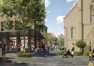 Artists impression of commuters walking outside the church and shops on the corner of the station entrance of Sydney Metro's Waterloo Station. 