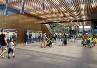 Artist's impression of passengers commuting in and out of the inside entrance at Sydney Metro's St Marys Station.