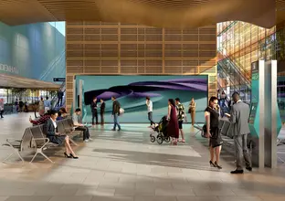 An artist's impression of the inside concourse of Sydney Metro Luddenham Station.