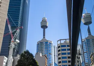 A view of the top of Pitt Street North site with Westfield tower in the background of a clear blue sky.