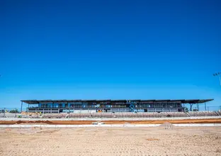 A full view of the grand stands as seen from the track at Sydney International Speedway.