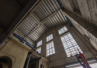 A view of the roof and windows inside the turbine hall at White Bay Power Station.