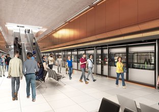 Artist's impression of commuters travelling along the platform of Sydney Metro's Hunter Street Station.