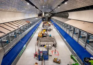 A view inside the cavern at Sydney Metro's Victoria Cross station construction site. 