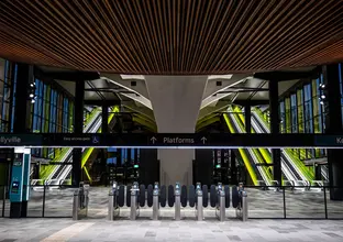 Ground level view of the entrance to the platforms at Sydney Metro's Kellyville Station.