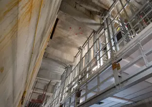 A ground up view of structural reinforcement (metal structure) as part of the construction work at Sydney Metro's Crows Nest Station.