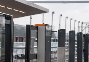 Close up view of platform screen doors at Sydney Metro's Sydenham Station.