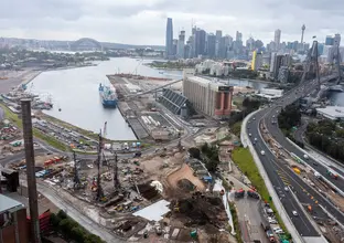 A bird's eye view of the excavation works at Sydney Metro's The Bays station construction site.