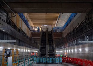 Ground level view of escalators inside Sydney Metro's Barangaroo Station