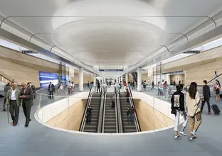 Artist's impression passengers commuting along the entrance and on the escalators to the new Sydney Metro platforms at Central Station.