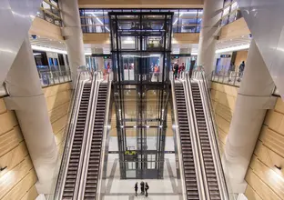 Front view of the escalators and lift at Martin Place station