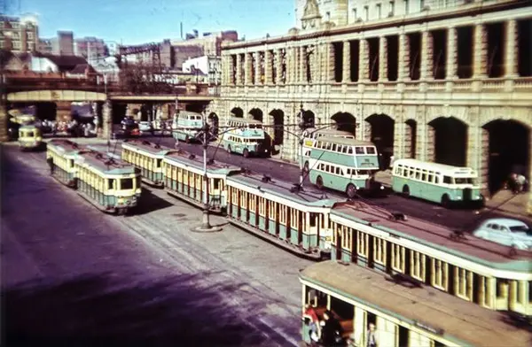 A photograph from 1954 showing a bird's eye view of old trams and busses outside of Central Station on Eddy Avenue (image from City of Sydney Archives:044520)