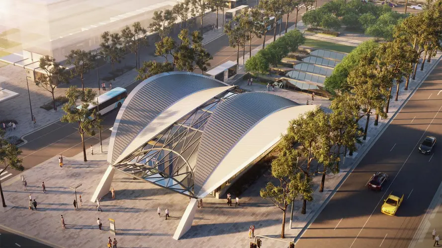 Artist's impression of an aerial view over Hills Showground Metro Station.