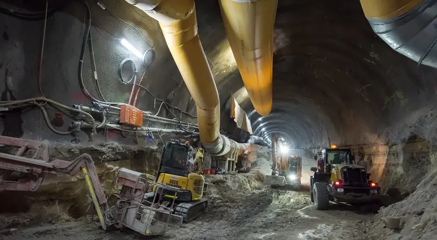 An on the ground view looking inside the tunnel at Sydney Metro's Pitt Street North construction site with two large pipes running through the cavern with a digger underneath he pipes and a Roadheader in the background. 