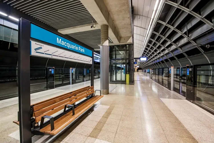 An artist's impression from the platform behind the screen safety doors showing the platform benches at Sydney Metro's Macquarie Park Station.