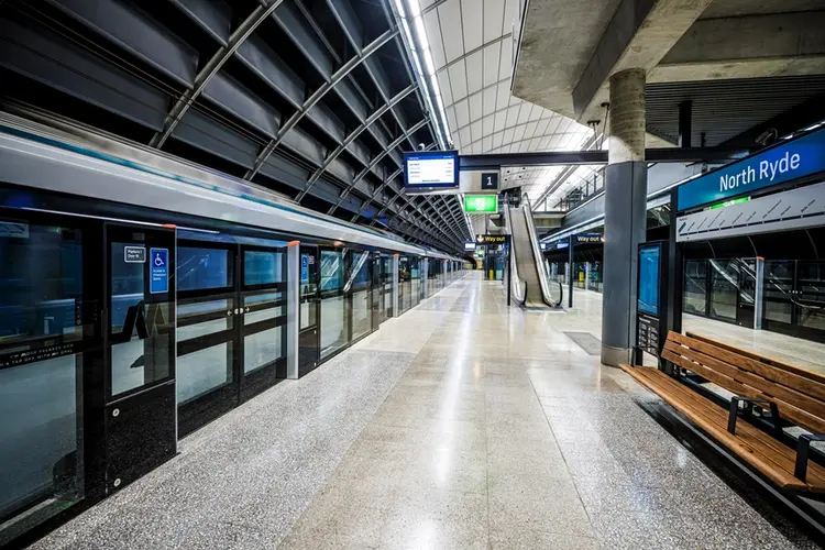 An artist's of the platform behind the safety screen doors at Sydney Metro North Ride Station. 