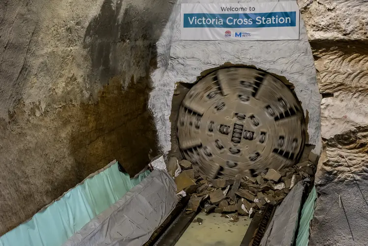 The cutterhead on tunnel boring machine Wendy can be seen breaking through the wall at Victoria Cross Station