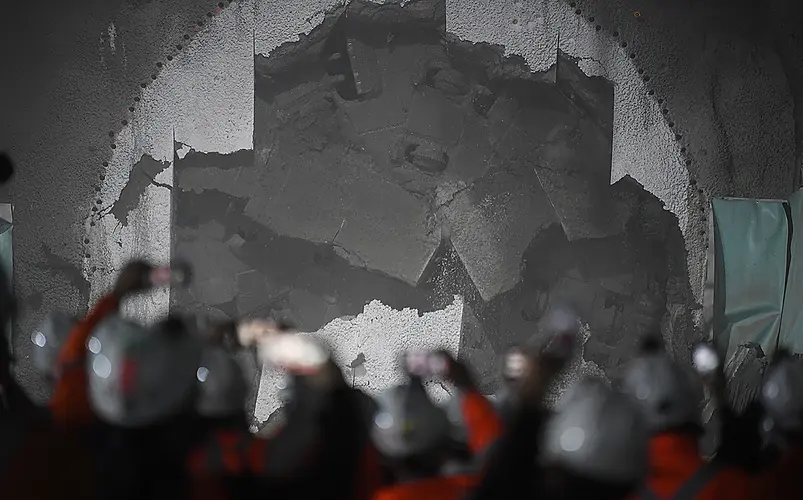 The cutterhead of tunnel boring machine Mum Shirl can be seen breaking through the wall at Pitt Street Station