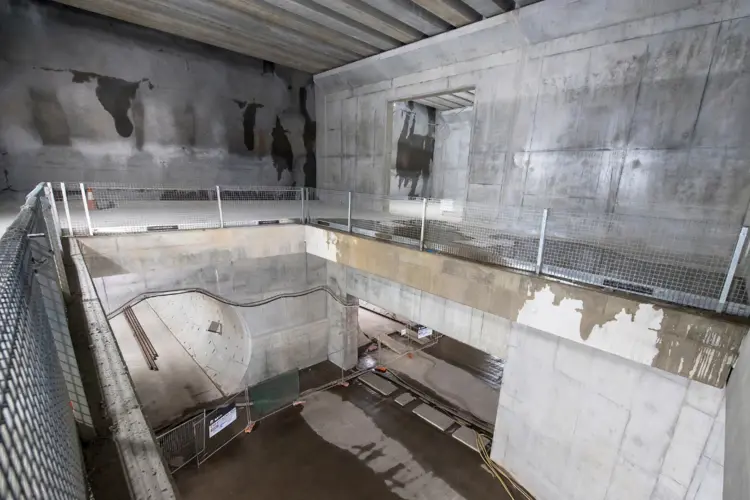 A view from above looking down into the Chatswood Dive cassette structure and the start of the metro train tunnel.